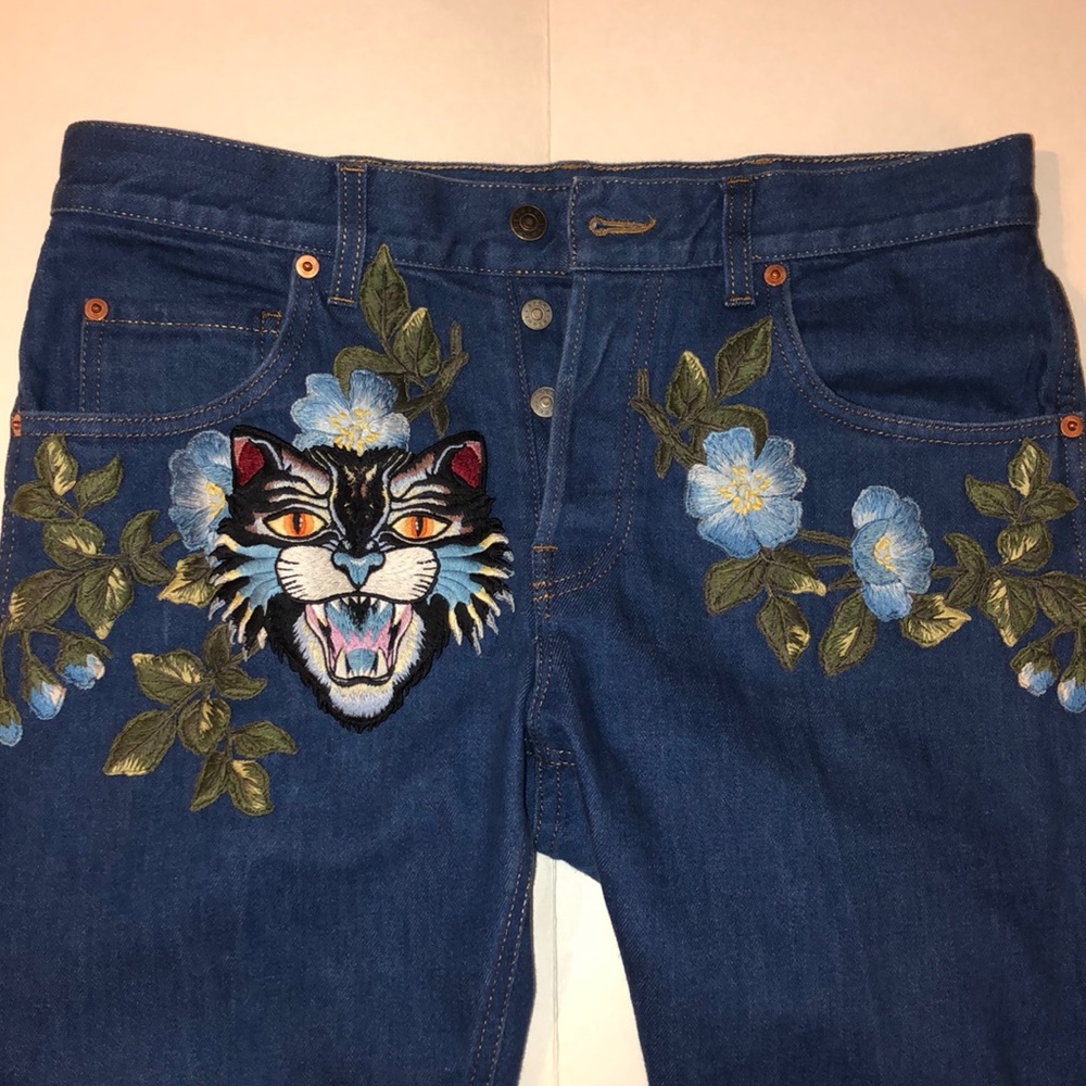 Gucci Cat Floral Embroidered Denim Jeans
